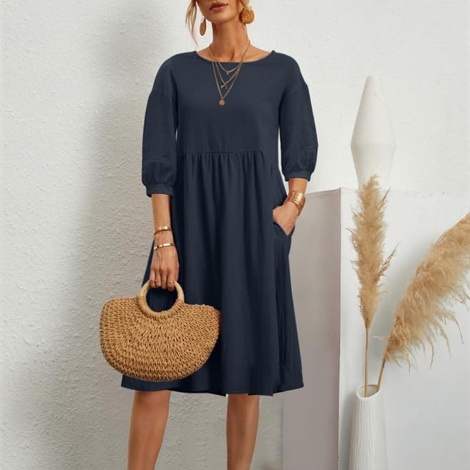 

Women s Fashion 3/4 Sleeve Dress Solided Color Lanterned Sleeve Pleated Loose Cotton Linen Pocket Dress XXL Темно-синій