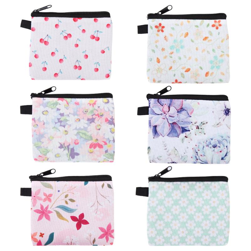 6pcs Coin Purse Floral Printing Fresh Feminine Product Pouch For Women Teens Girls