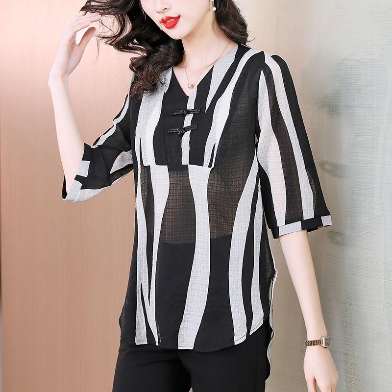 Camisa Vintage con Hebilla de Disco China Ropa de Mujer Estampada Elegante de Verano de Manga Corta Suelta Blusa Casual Elegante con Cuello en V