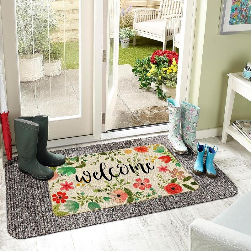 Große florale Fußmatte Teppich Böhmische Blume und Blatt Willkommen Außenfußmatte Rutschfeste Gummiunterseite Eingang Saisonale Innen-Vorderküchendekoration