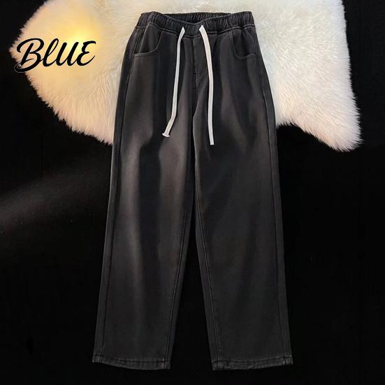 Solid Color Jeans Pants Loose Waist Adjustable Mid-rise Elastic Women Winter Drawstring Sport Fit