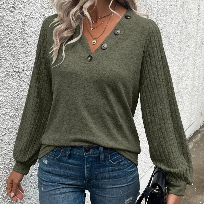 

Женская футболка с V-образным вырезом и пуговицами, однотонная, новая, на осень-зиму, пуловер 2XL армия зеленый
