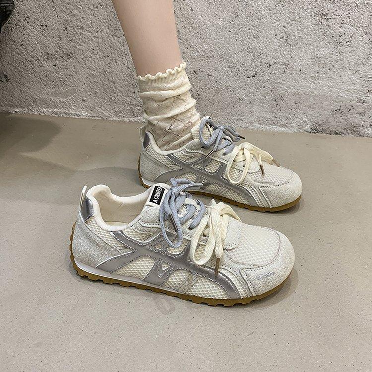 Double color ribbon~ leather inner height increase German training shoes women's 2025 summer thin mesh super soft ballet sports and leisure shoes