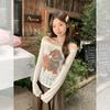 One-word Collar Cute Puppy Print Off-shoulder Long-sleeved T-shirt Women's Early Autumn New Pleated Lace Slanted Shoulder Top