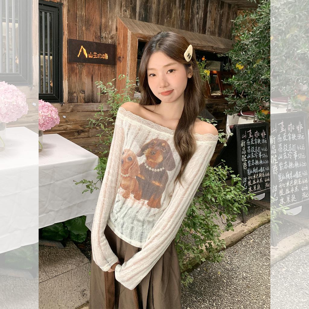 One-word Collar Cute Puppy Print Off-shoulder Long-sleeved T-shirt Women's Early Autumn New Pleated Lace Slanted Shoulder Top