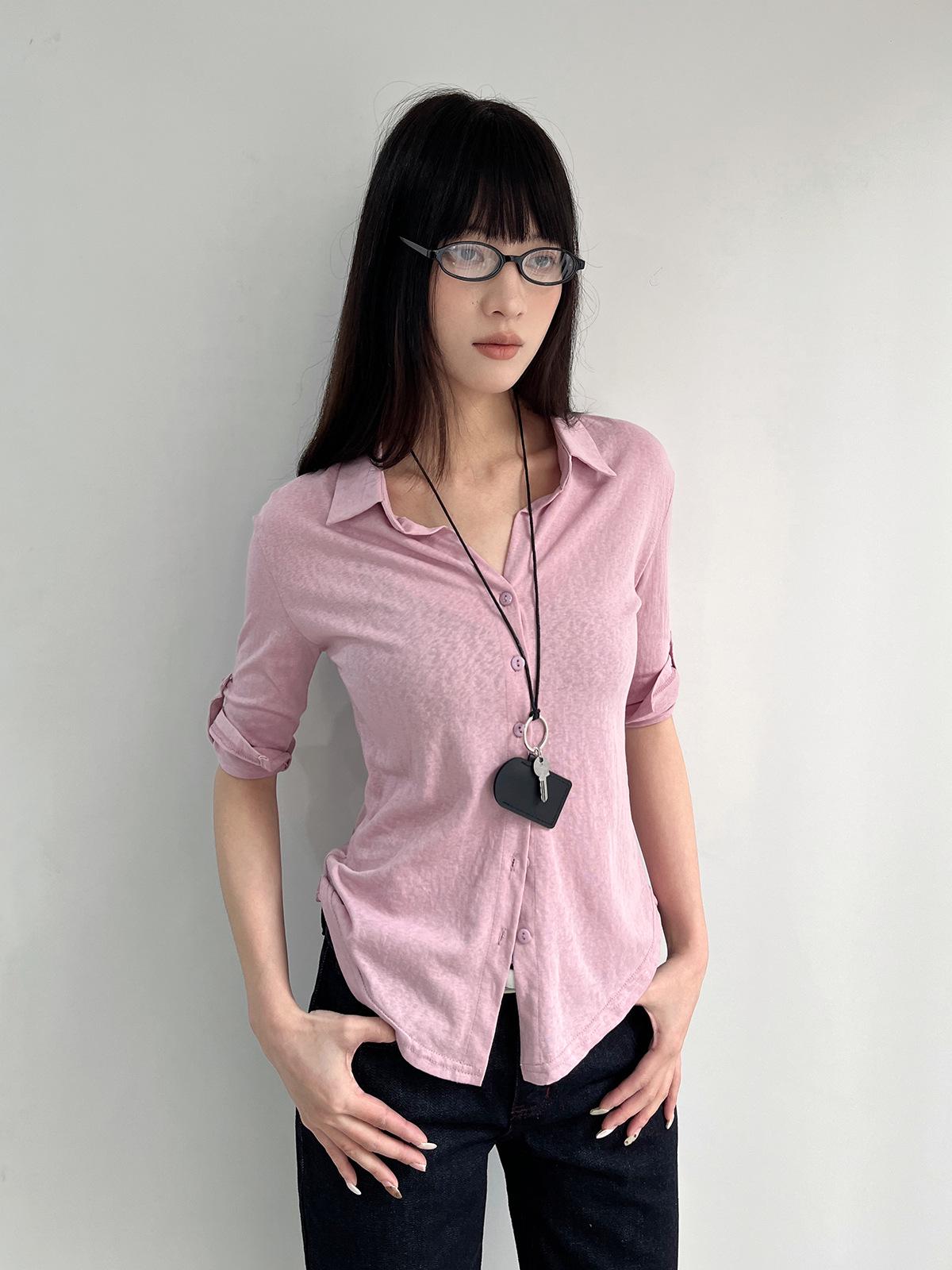 

Yuyi 2026 Spring Women s Stylish Mid-Sleeve Button-Up Shirt One Size рожевий