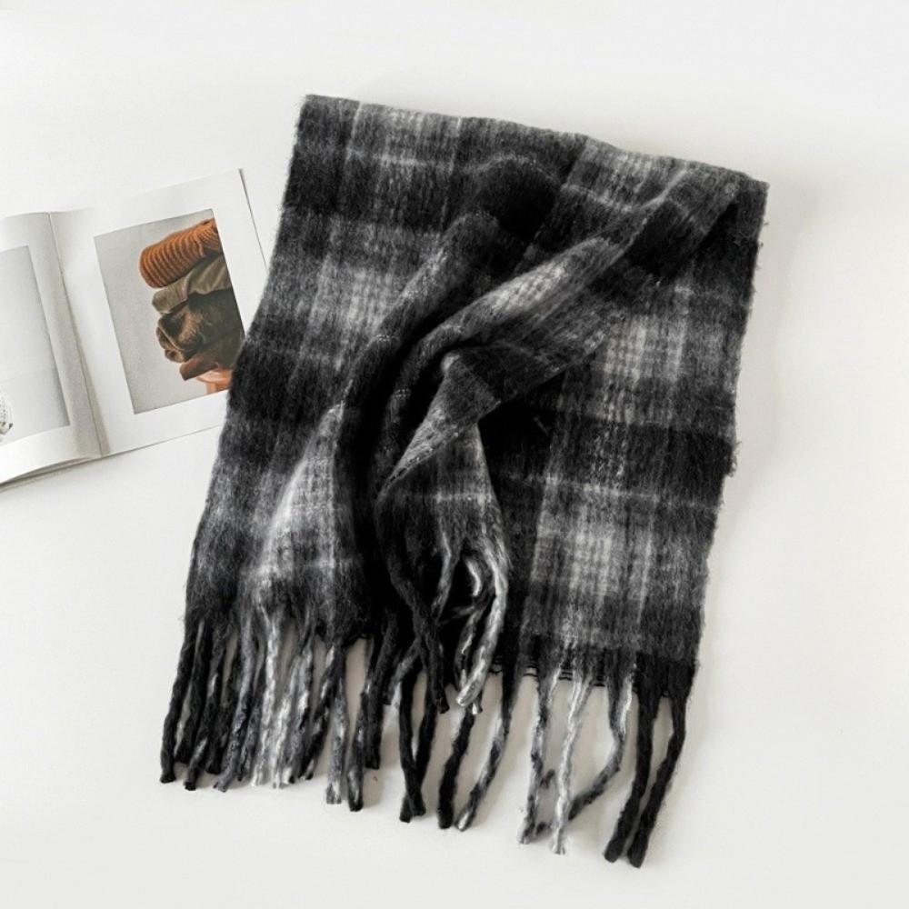 Plush Plaid Wool Scarf Tassel Long Shawl Simple Winter Cashmere Scarves  Girl