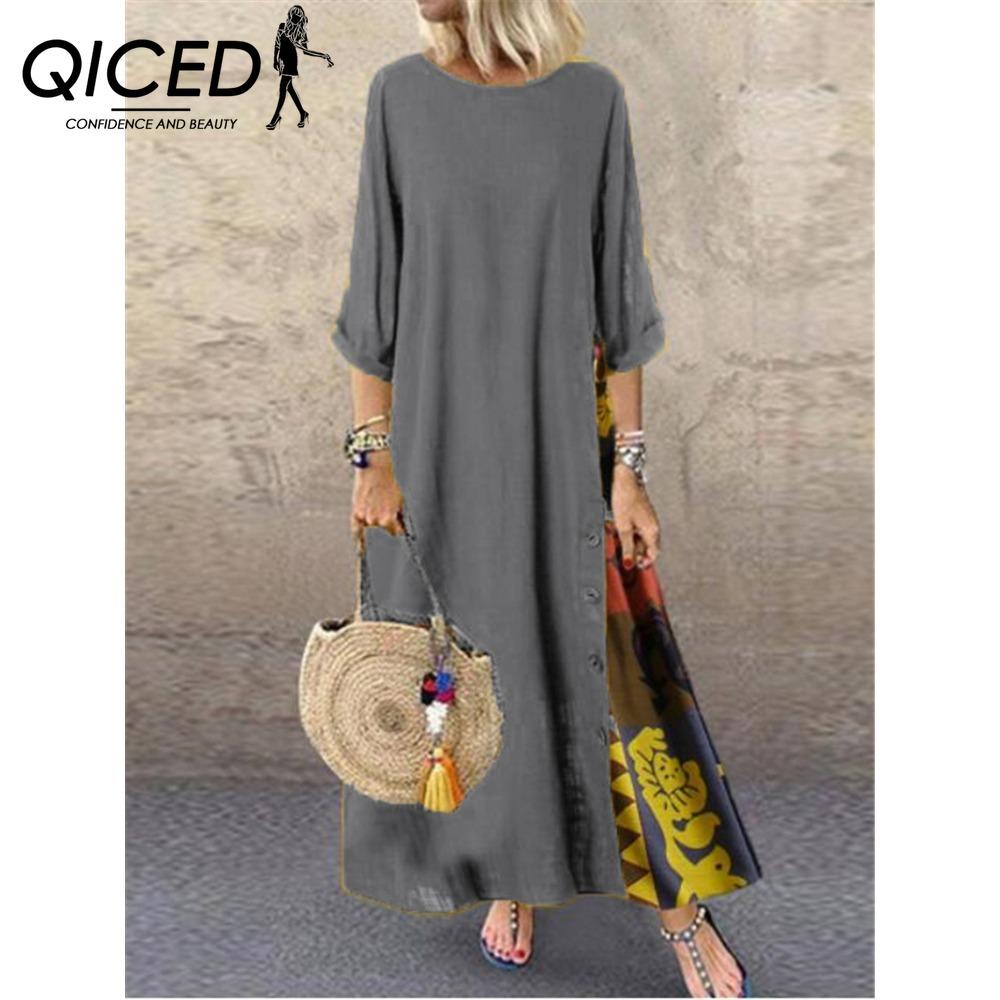 QICED 12 color Women Fashion Casual Loose Long Sleeve Floral Print Party Maxi Dress Plus Size Vestidos Longos Robe