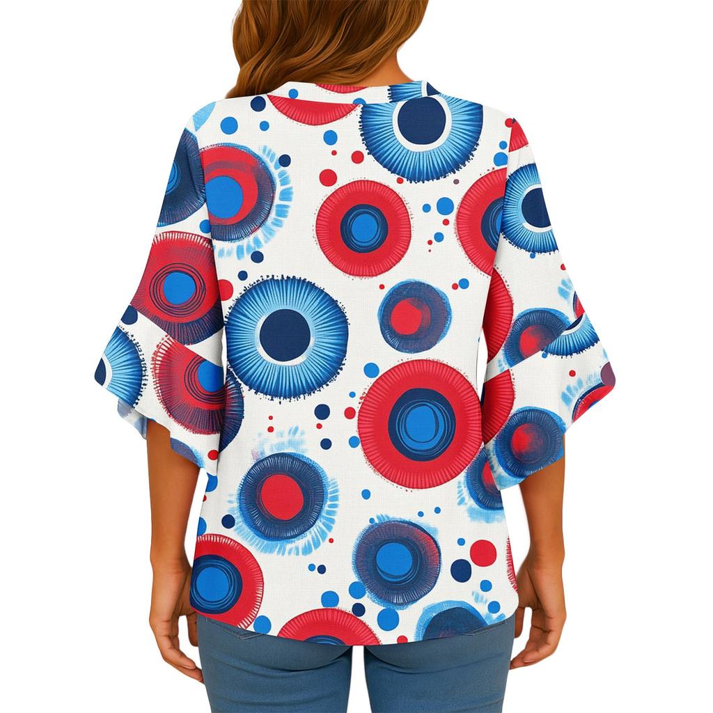 3/4-Ärmel-Hemden für Damen, bedruckte Grafik-T-Shirts, Blusen, lässige Oberteile in Übergröße, Basic-Oberteile mit Rüschenärmeln, Unabhängigkeitstag