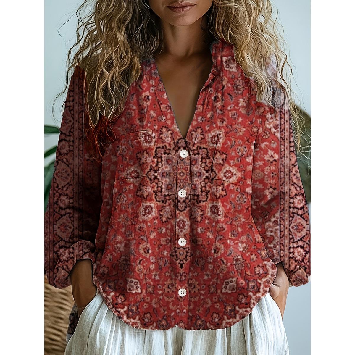 

Женская повседневная рубашка для работы в стиле вестерн с этническим геометрическим принтом, с длинным рукавом S