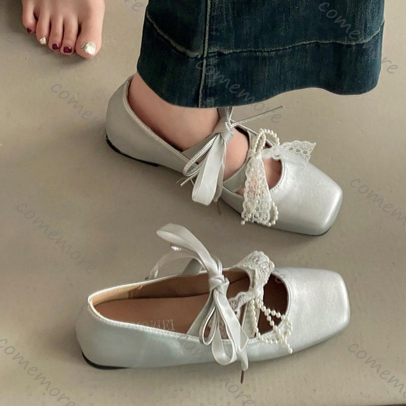 Comemore Women's Ballet Style Elegant Lace Bow Mary Jane Single Shoes Casual Shallow Slip On Flats Ladies Square Toe Mocasines