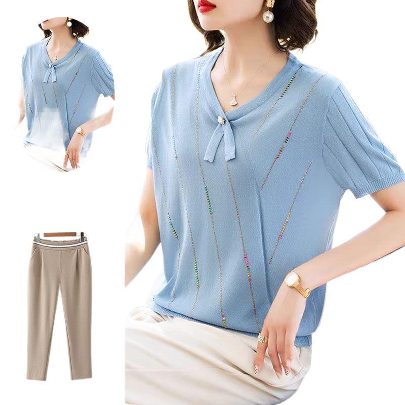 2026 Stylish Ice Silk Short-Sleeve Top for Mom: Lightweight Summer Wear for Middle-Aged & Elderly