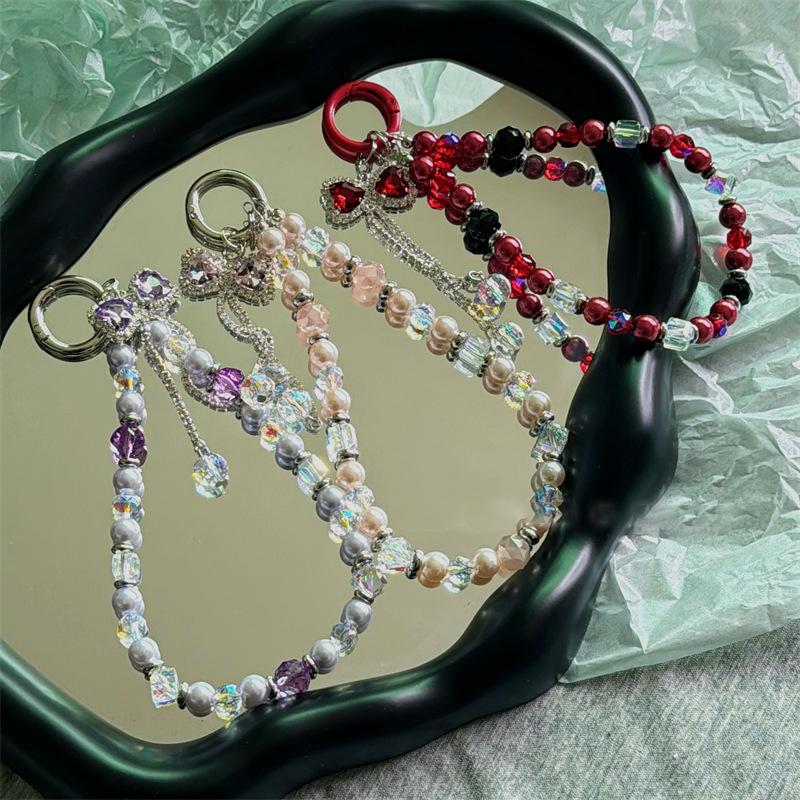 Y2K Trendy Sweet Beaded Phone Lanyard Ins Style Bow Beads Cellphone Charm Anti Lost Wristband Mobile Phone Chain Camera Pendant