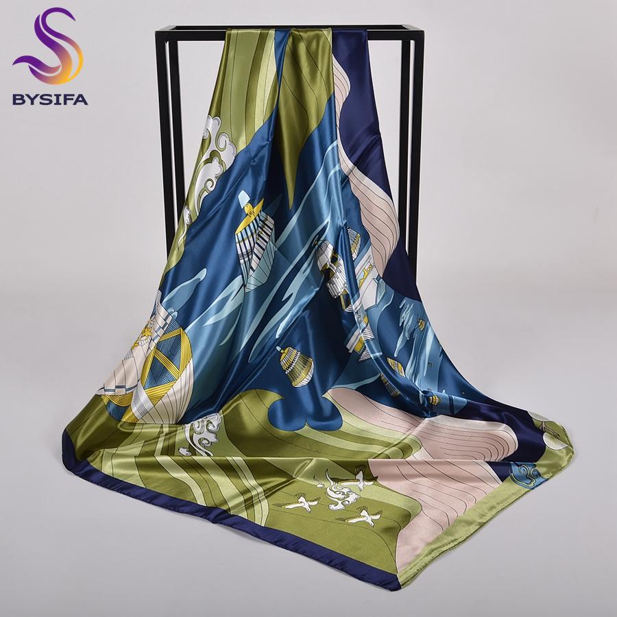 BYSIFA  Blue Green Silk Scarf Shawl Ladies Accessories Fashion Brand Square Scarves New Elegant Female Head Neck Scarves Hijabs