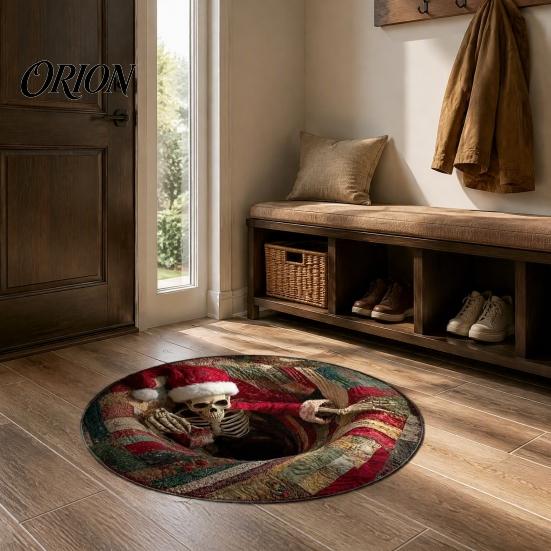Retro Style Floor Pad Christmas Round Area Rug, 3D Optical Illusion Carpet, Stain & Wear Visual Rug Resistant Throw for Living Room Sofa Bedroom