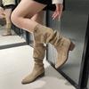Fashion New Popular Retro Style Fold Button Women Knee-High Boots Fashion Pointed Toe Square Heels Casual Ladies Shoes Zapatos De Mujer