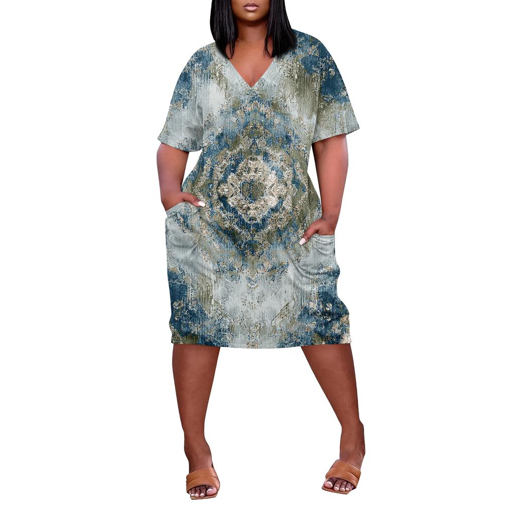 Summer Plus Size V Neck Short Sleeve Knee Pocket Print Casual Dress For Women