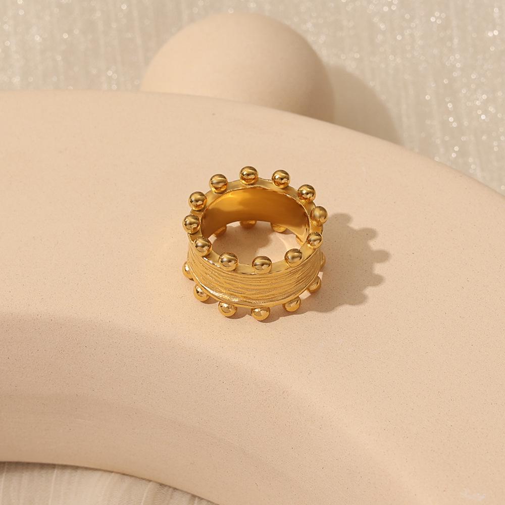 Versatile Brushed Round Ball Fashion Ring, Stainless Steel PVD 18K Gold, Retro Texture Niche Ring for Women