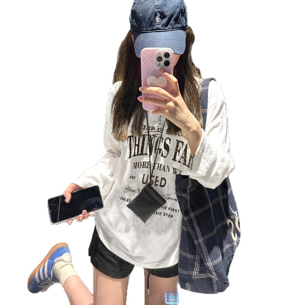 American unique and good-looking long-sleeved T-shirt women's spring pure cotton with loose lazy style white bottoming shirt top