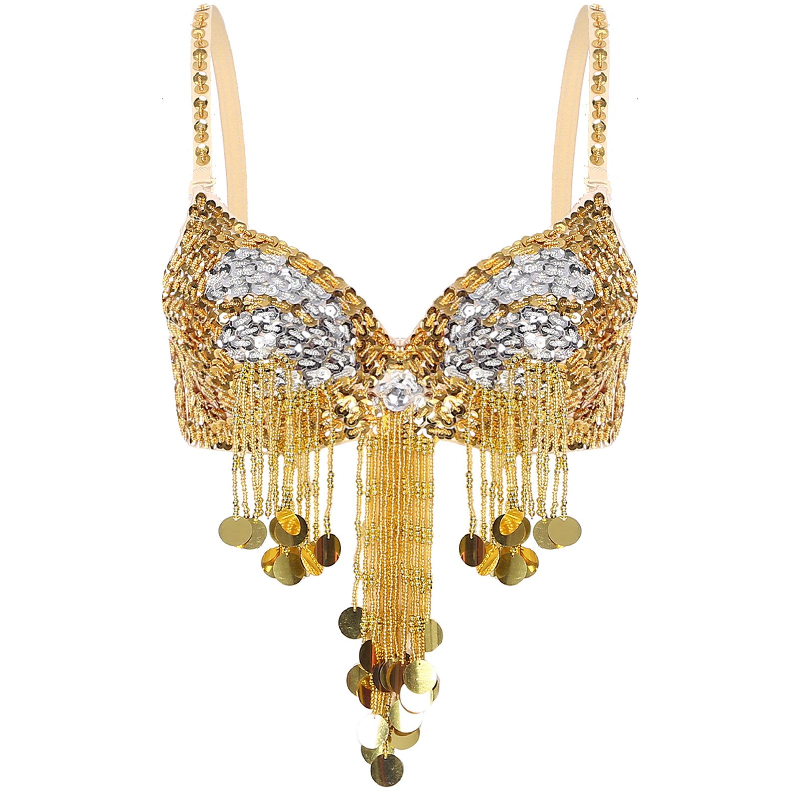 

Womens Beaded Tassels Belly Dance Tops Stage Performance Costume Adjustable Straps Shiny Sequins Underwired Bra One Size золотий