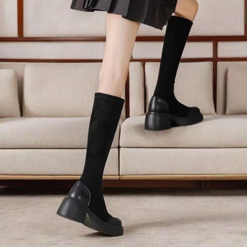 Height-increasing casual boots 2025 autumn and winter new small mid-heel elastic thin high boots Maillard boots