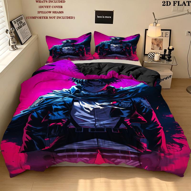 Attack Titan Pattern Bedding Quilt Set Quilt Cover Pillowcase Home Birthday Gift(1 * Duvet Cover + 2 * Pillowcase, Without Core)