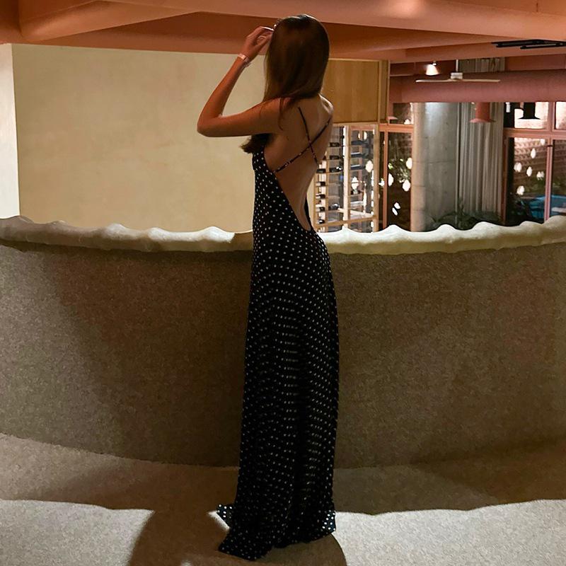 2026 European Summer Women's Polka Dot V-Neck Spaghetti Strap Backless Dress
