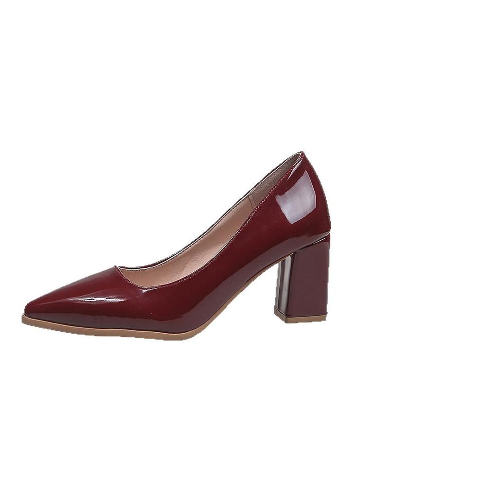Large Size 34-43 Size Burgundy Glossy Solid Color Versatile Work Shoes Flight Shoes Thick Heel Single Shoes Women JQ