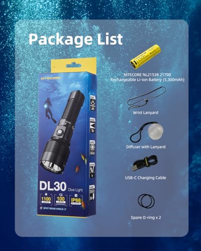 Nitecore DL30 Diving Light, 1100 Lumens, 100 Meter Depth, USB-C Rechargeable, Long Throw, Spot Beam, IP68 Waterproof