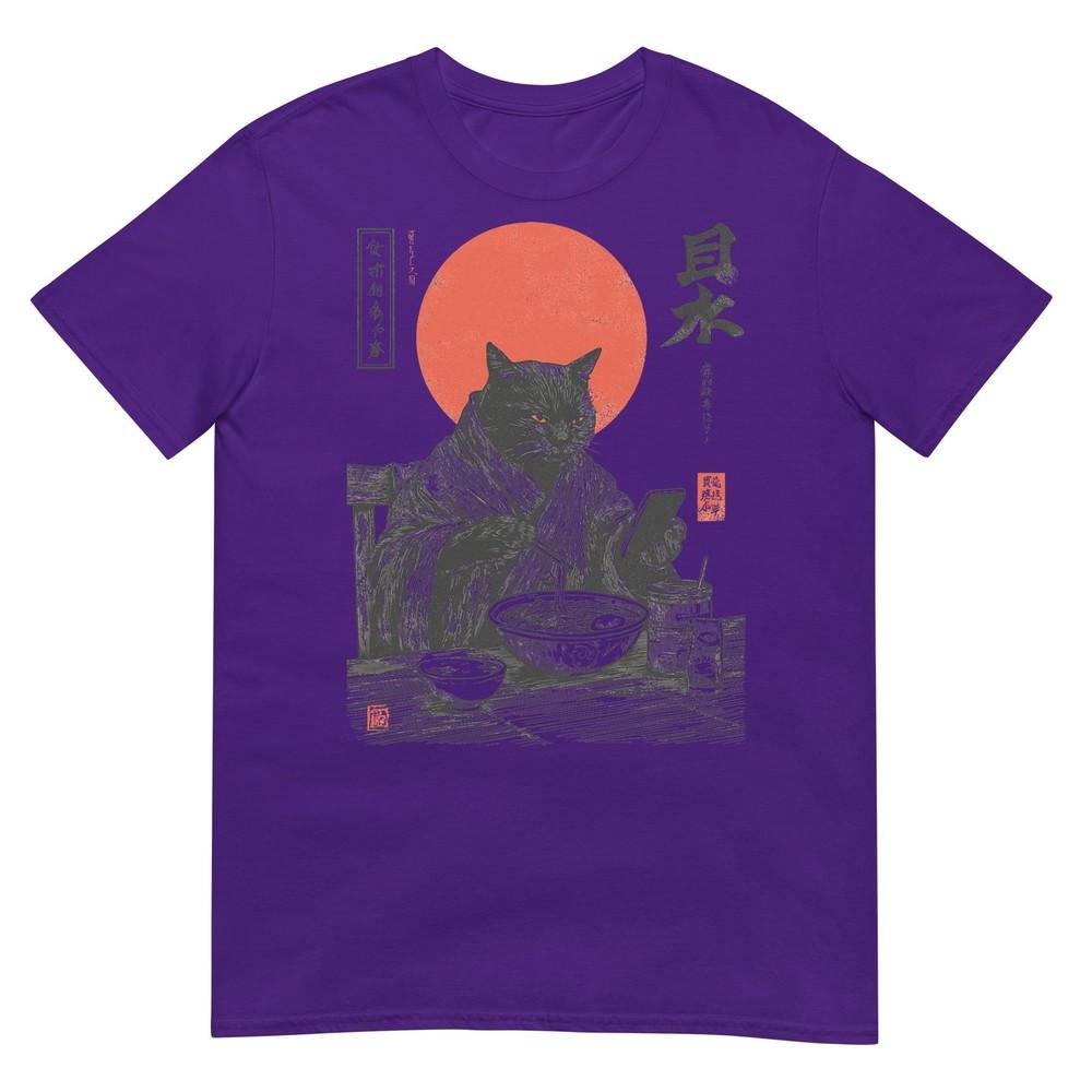 Samurai Cat Eat Raunisex Scroll Phone Japanese Food Humor Art Tshirt