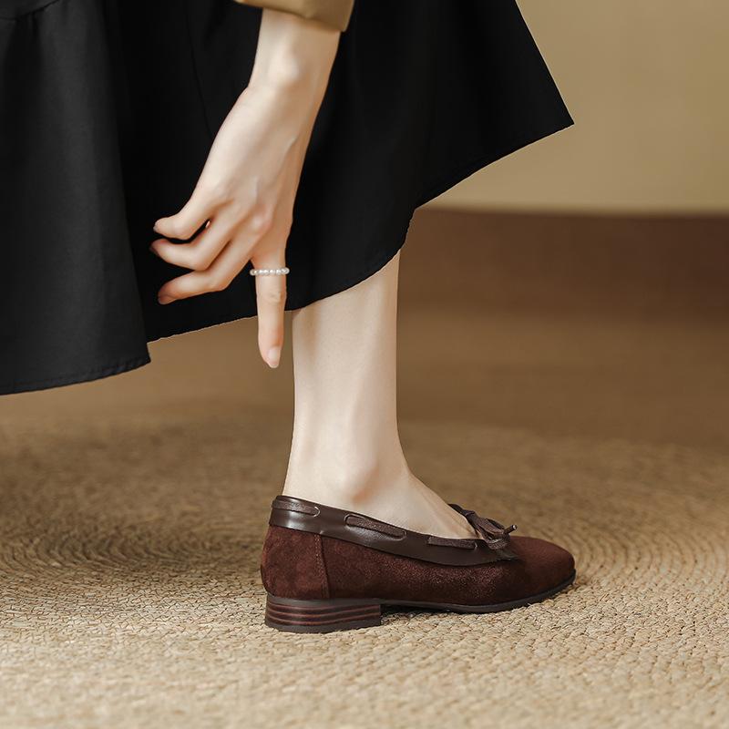 Suede square head ballet shoes women's spring and summer flat-soled single shoes light mouth flat heel retro bow Mary Jane women's shoes