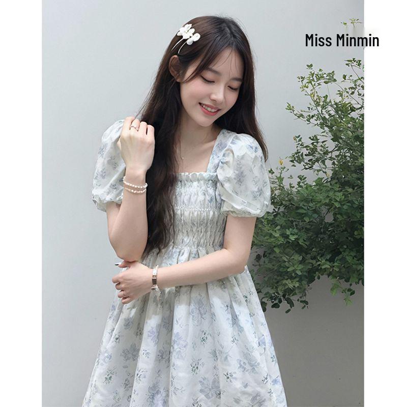 Elegant French Floral Bubble Sleeve Summer Dress