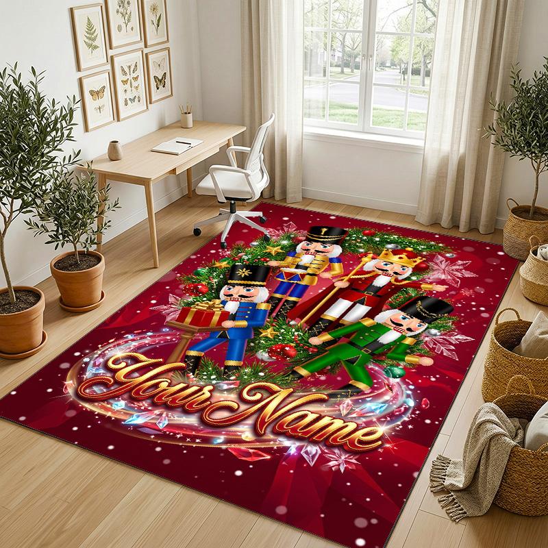 Christmas Theme Crystal Velvet Rug Personalized Custom Name Text Soft Floor Mat Home Decor