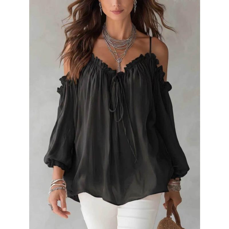 Camicetta Casual da Donna S con Collo Arricciato e Maniche Lunghe