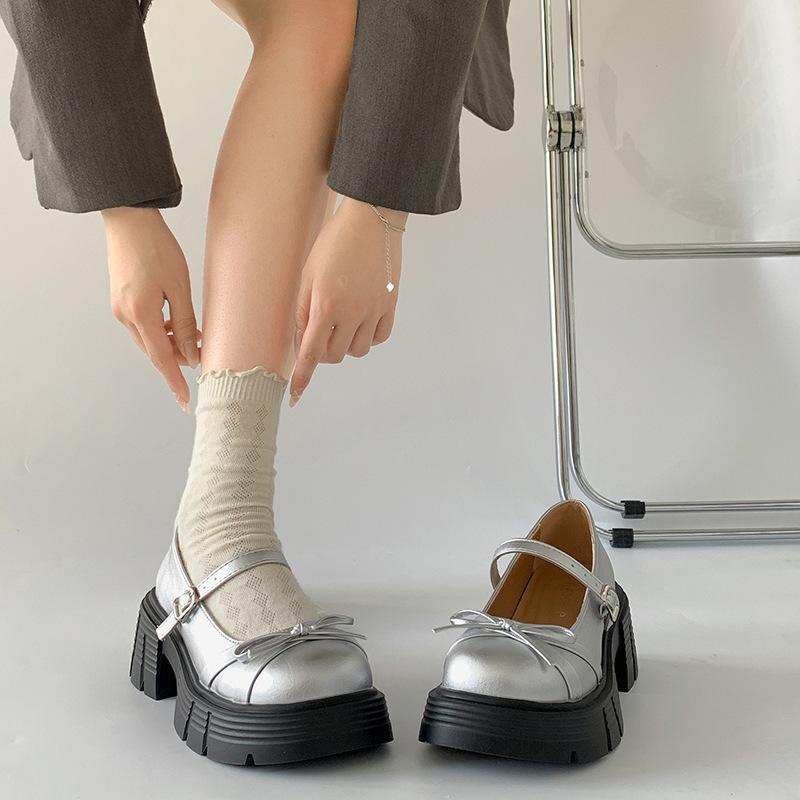 Silver French round head heightening light mouth platform single shoes women's summer 2025 new versatile soft sole Mary Jane small leather shoes