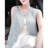 Women Floral Jacquard Beaded Embellished Organza Round Neck Sleeveless Vest