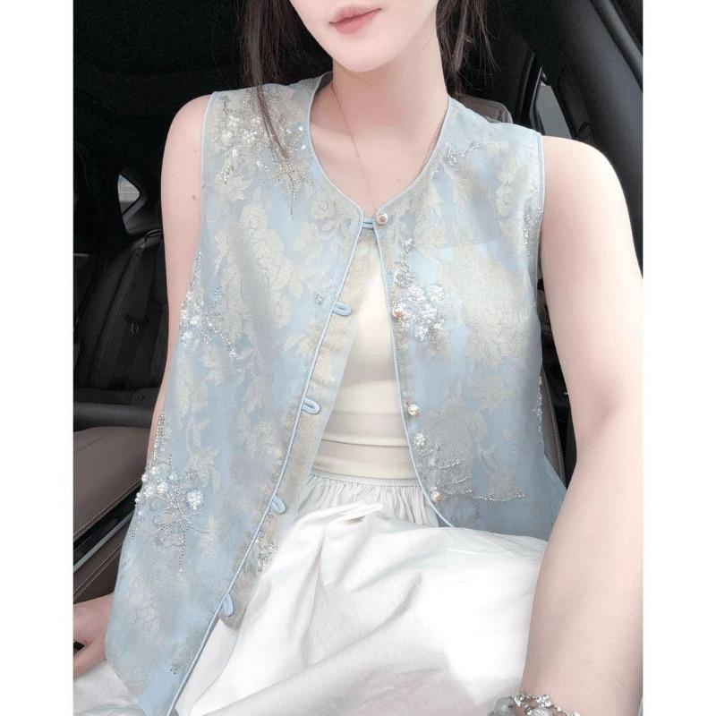 Women Floral Jacquard Beaded Embellished Organza Round Neck Sleeveless Vest M