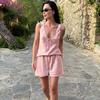 2 Piece Sets Shorts Outfits Women Satin Casual Tracksuits Summer V Neck Tops And Short Sets Sleeveless Drawstring Suits