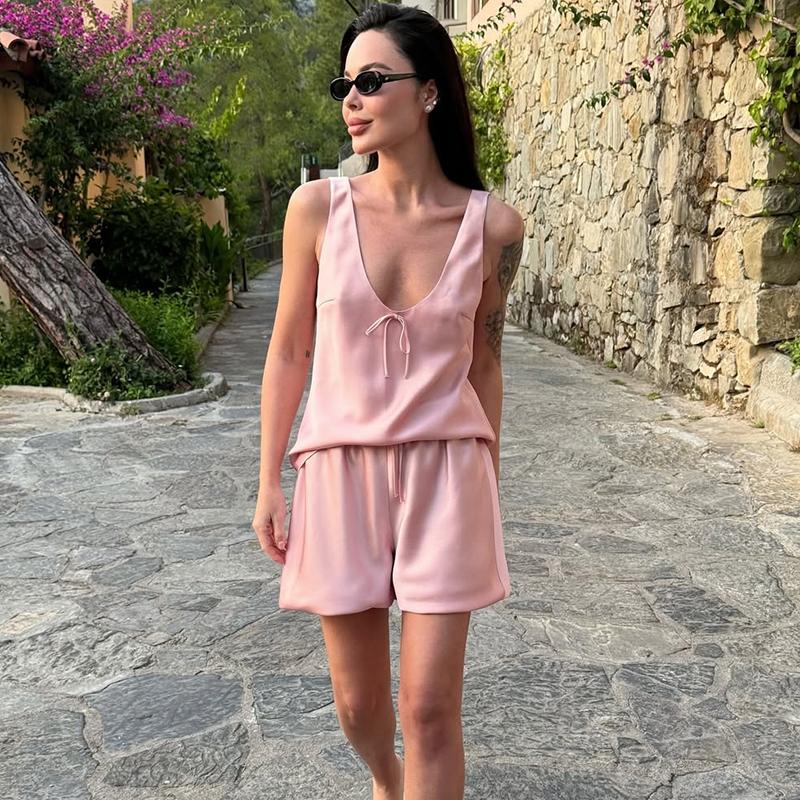 2 Piece Sets Shorts Outfits Women Satin Casual Tracksuits Summer V Neck Tops And Short Sets Sleeveless Drawstring Suits