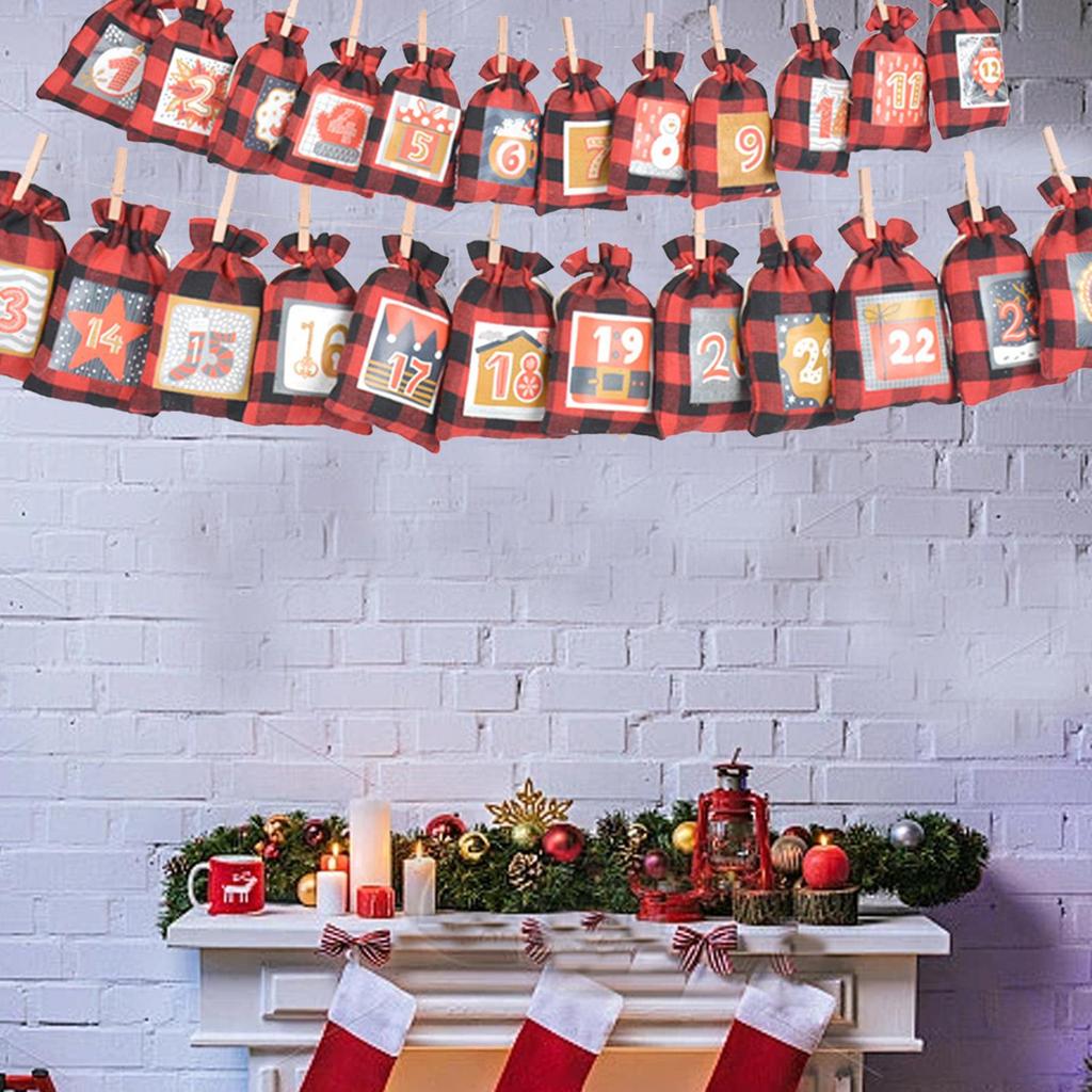 Weihnachts-Countdown-Taschen Weihnachten Wiederverwendbar 24-Tage Advents-Feiertags-Jute-Leckerchentasche Mit Clips Für Süßigkeiten Spielzeug Snacks Leckerli