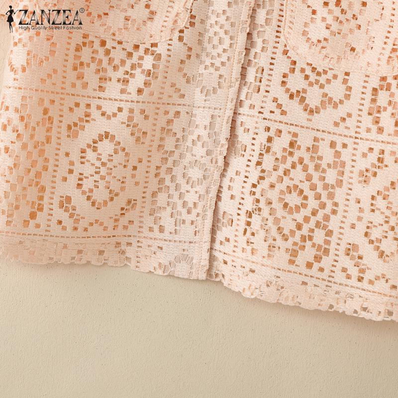 ZANZEA Womens Summer Hollow Out Crochet Short Sleeve Cardigan Blouse