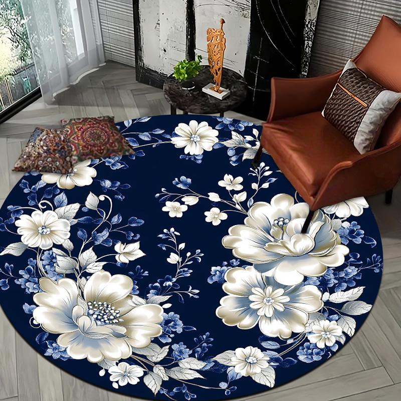 Retro Peony Blue Pattern Flannel-printed round floor mats are slip-resistant Suitable for living bedroom terrace garden carpets