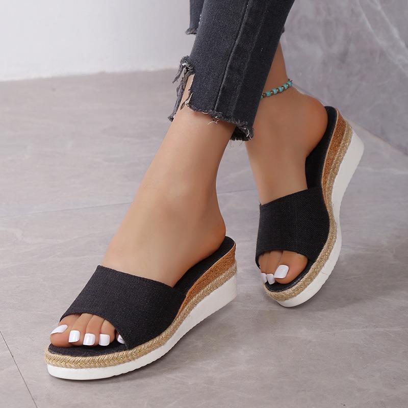 Summer new plaid women's sandals wedge heel 35-42 large size open-toed women's slippers, women's shoes