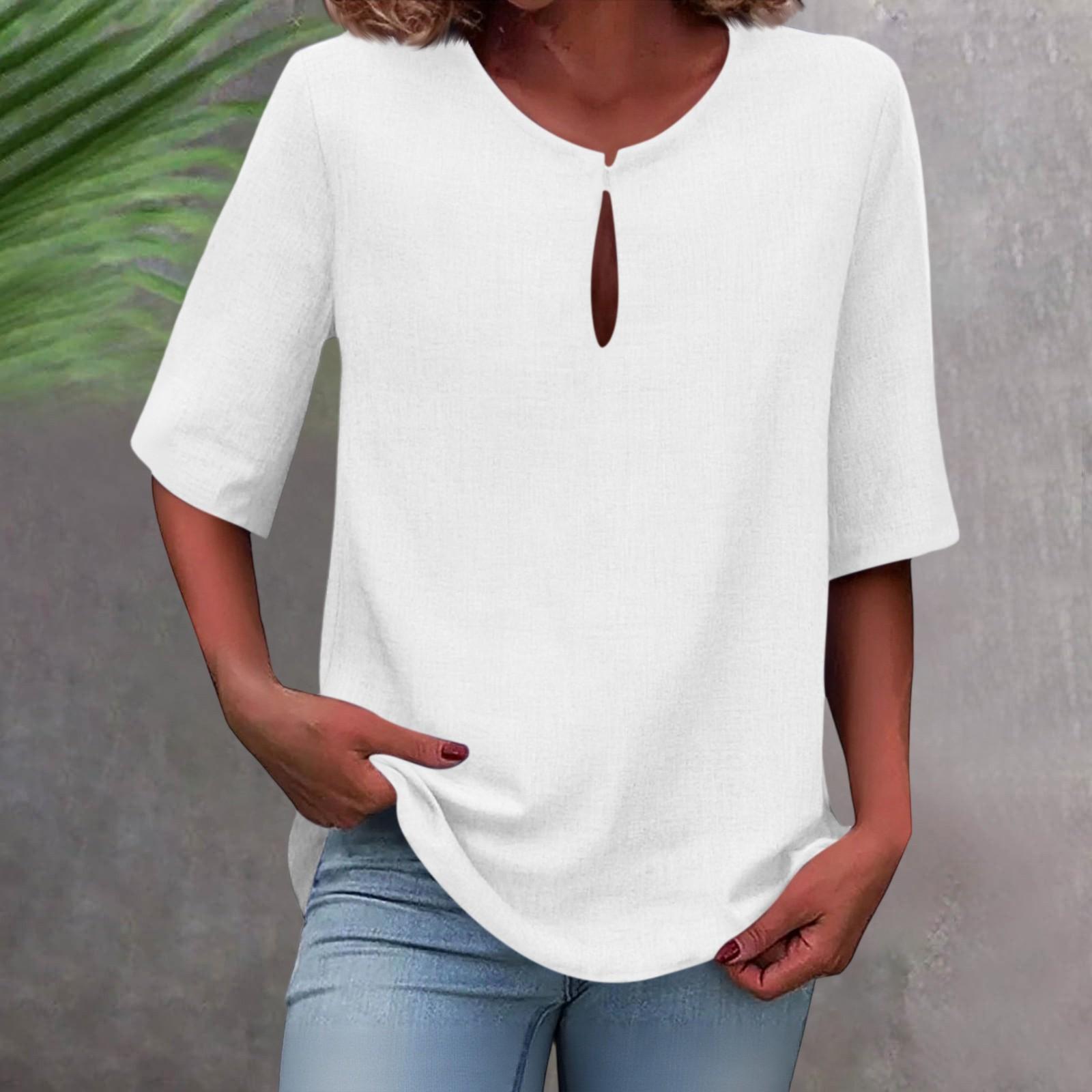 

Женская однотонная хлопково-льняная рубашка большого размера с v-образным вырезом и средним рукавом M