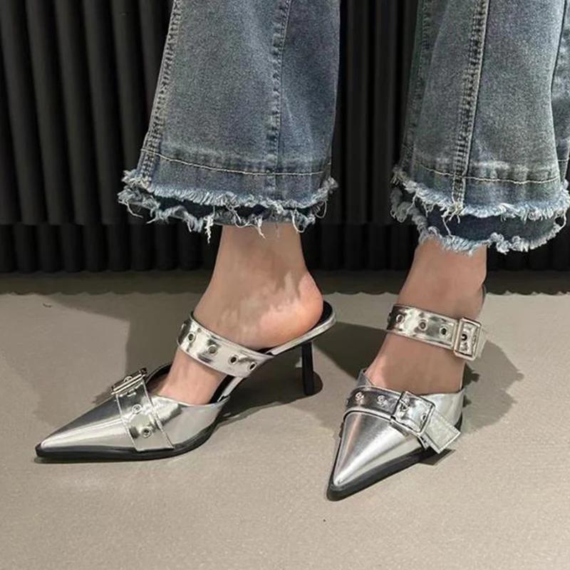 Fashion Punk Metal Buckle High Heels Shoes for Women Sexy Pointed Toe Stiletto Heel Sandals Woman Summer 2025 Fashion Party Silver Pumps