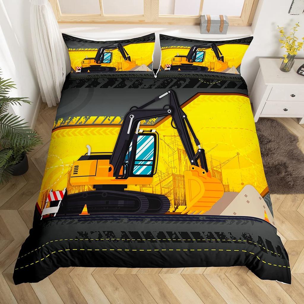 Bagger Königin Bettbezug Cartoon Baufahrzeug Bettwäsche-Set für Kinder Jungen Mädchen Traktor 2/3-teilig Polyester Bettdeckenbezug