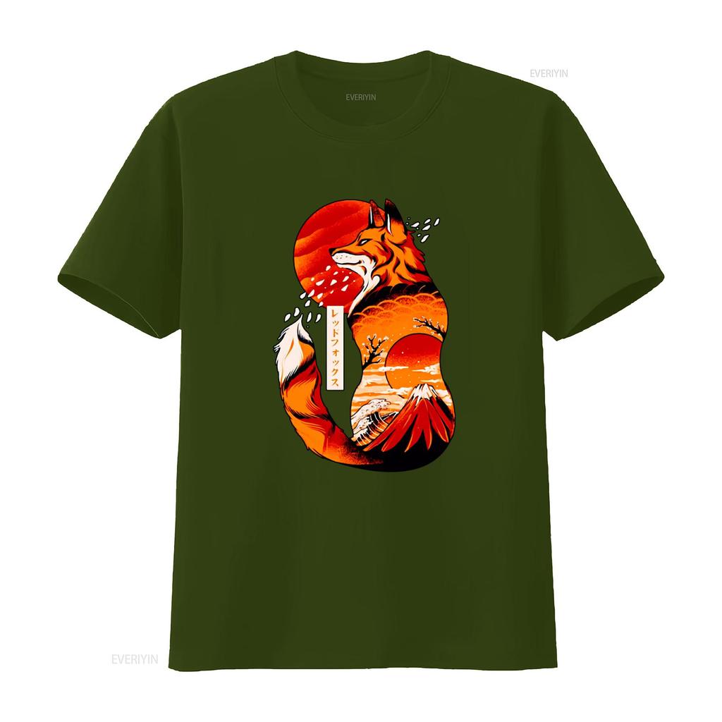 Japanese Fox Print T Shirt for Cool Vintage Washed Slightly Breathable Unisex Casual Soft Designer Clothes Streetwear