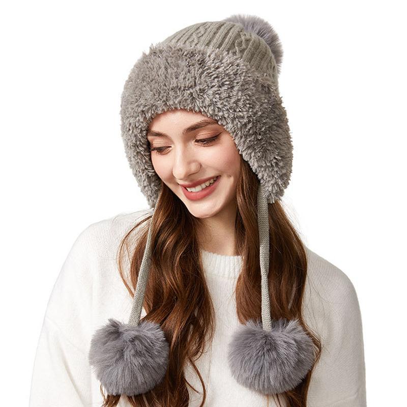 Winter Thick Ear Protection Knitted Cap Outdoor Windproof Velvet Three-Hair Ball Tether Warm Cap