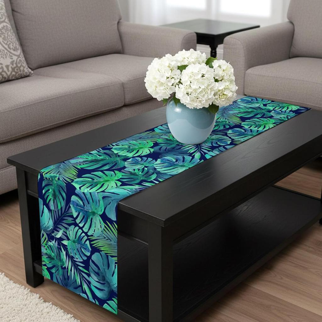 Tropical Ferns Palm Leaves Linen Table Runner Party Decor Washable Farmhouse Kitchen Dining Table Runner Wedding Decorations