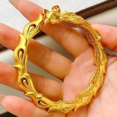 Gold Color Phoenix Open Bracelet Women's 999 Gold Bracelet with Jade Carving